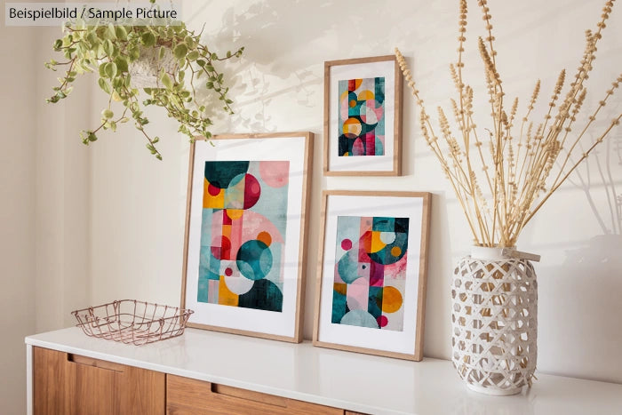 Abstract geometric art in wooden frames on a shelf, with plants and decor, against a white wall.