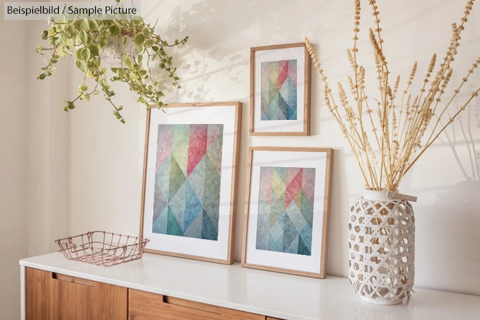 Scandinavian-style decor with geometric art, hanging plant, and vase of dried flowers on wooden console.