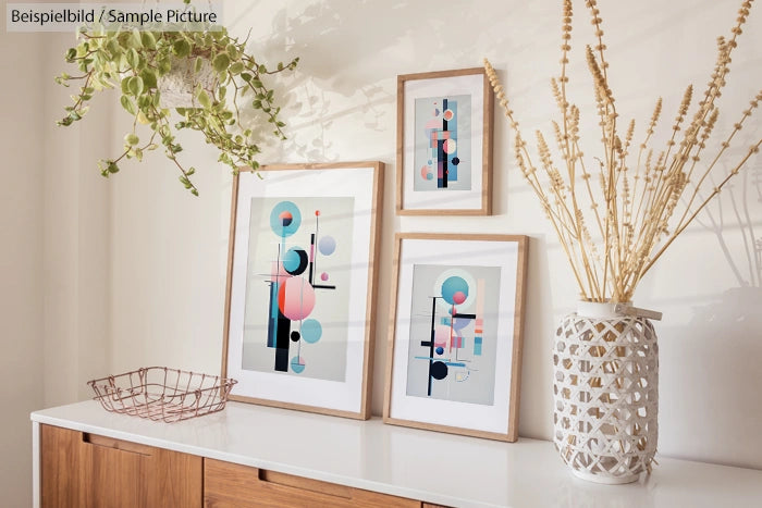 Modern art prints on a wooden sideboard with hanging plants and decorative vase.