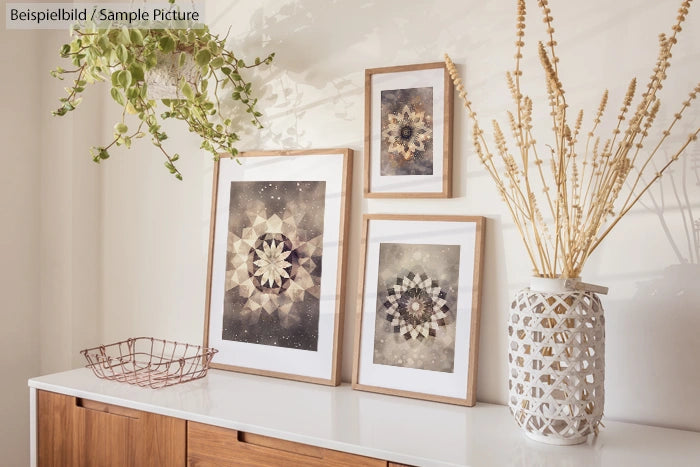 Wooden sideboard with geometric art prints and decorative plants on top.