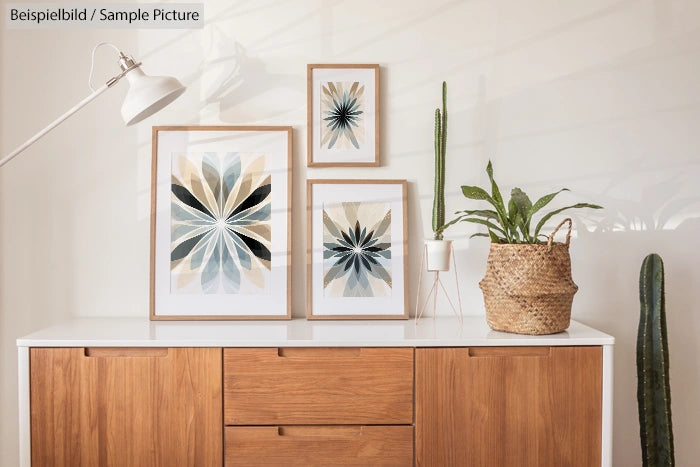 Modern wooden sideboard with abstract art and potted plants in a bright room.