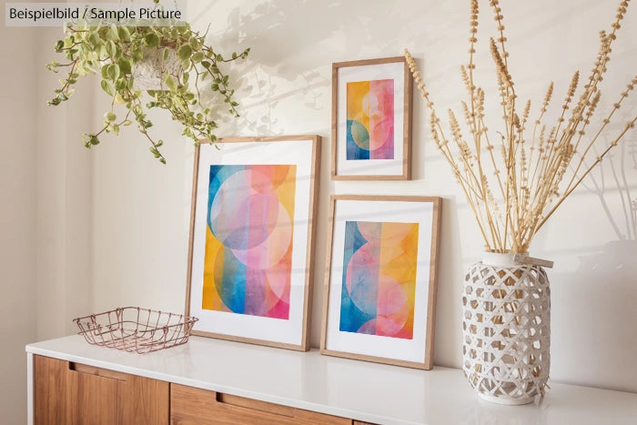 Abstract geometric art prints on a sideboard with a vase and plant.