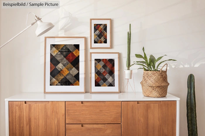 Modern sideboard with framed geometric art and potted plants in a minimalist living room setting.