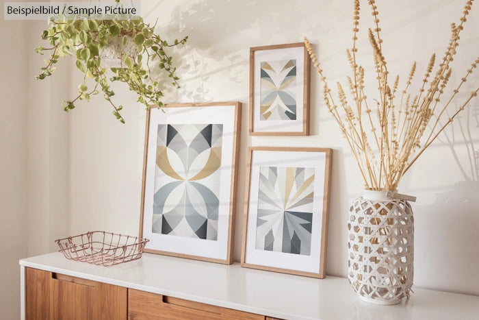 Modern art prints in wooden frames on a white shelf with plants and dried grasses in a vase.