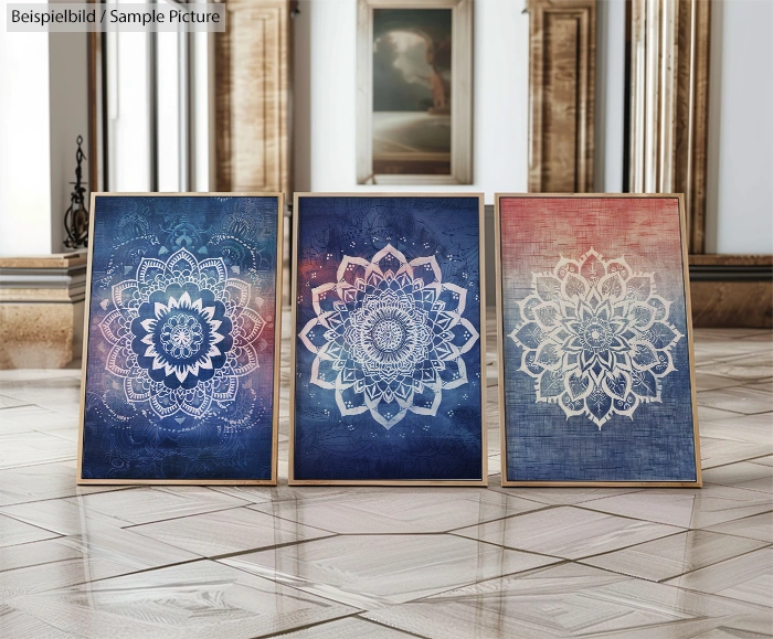 Three framed mandala artworks with intricate patterns on blue and red backgrounds in a stylish room.