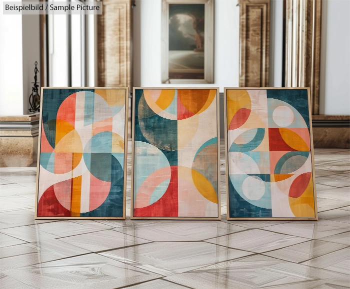 Three abstract paintings with colorful geometric shapes in a grand room with reflective tiled floor.