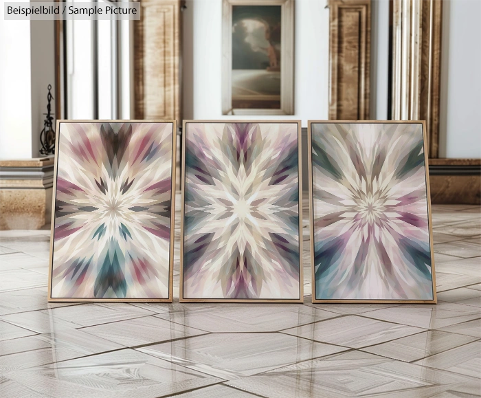 Three abstract paintings with starburst patterns in muted colors, displayed in a luxurious interior setting.