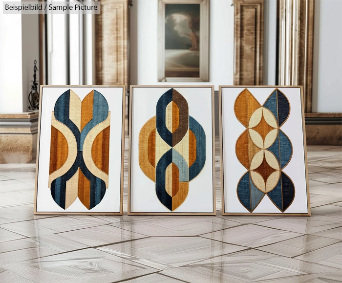 Three framed abstract artworks with geometric shapes and earthy tones, displayed on a reflective wooden floor.