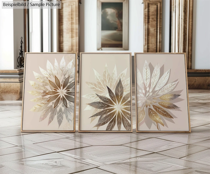 Three elegant metallic leaf-patterned art pieces displayed on a polished floor with a classical interior backdrop.