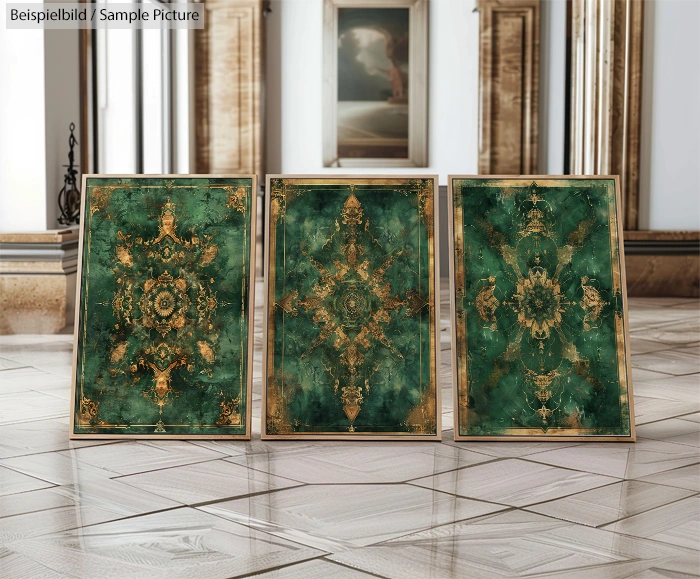 Elegant room with three framed green and gold abstract paintings on a polished wooden floor.