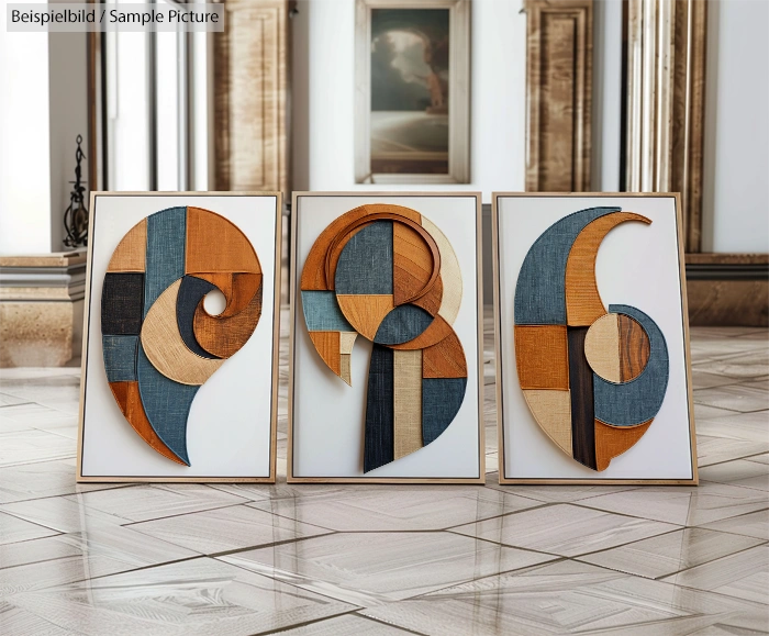 Abstract geometric wall art with three framed pieces in blue, orange, and beige, displayed in an elegant room.