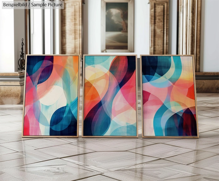 Three abstract paintings with vibrant colors on floor in elegant room with large windows.