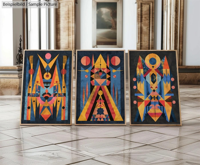 Three vibrant geometric art pieces with bold shapes and colors displayed in an elegant gallery space.