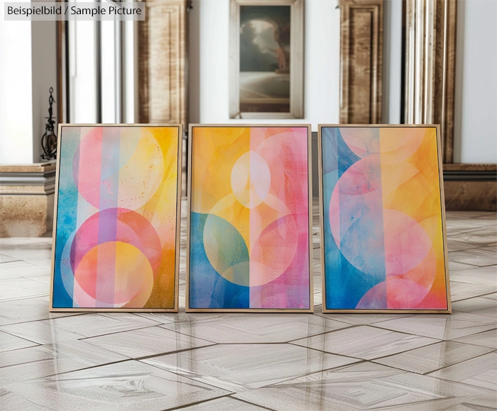 Three abstract paintings with overlapping circles in soft pastel colors, propped against an ornate wooden wall.