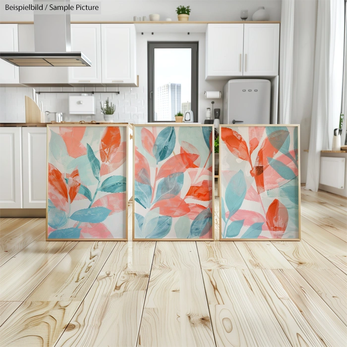 Three abstract leaf paintings with orange and teal colors on a kitchen floor with wooden cabinets and a city view.