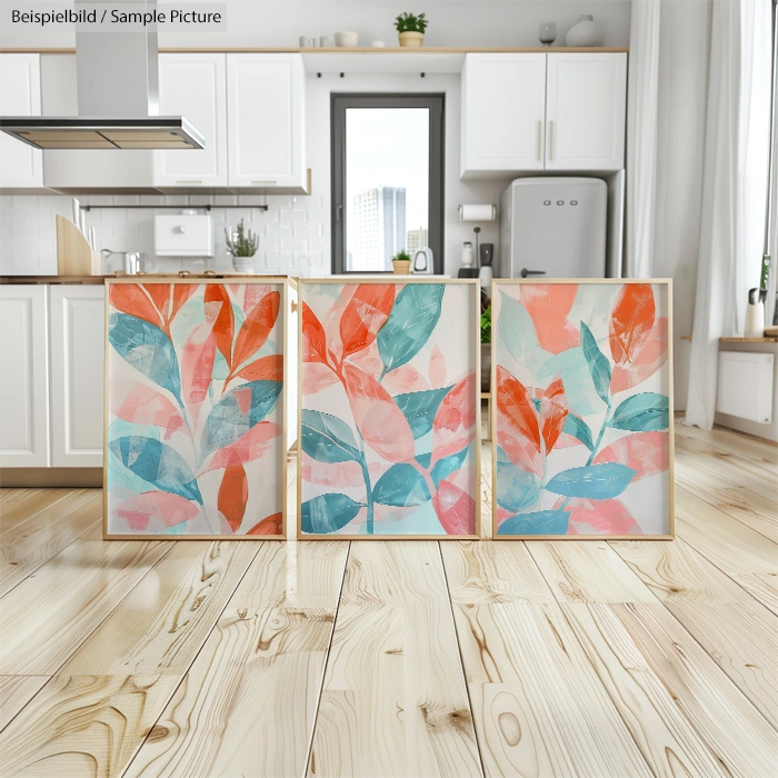 Modern kitchen with wooden floor, featuring three framed abstract leaf prints in orange and teal on the floor.