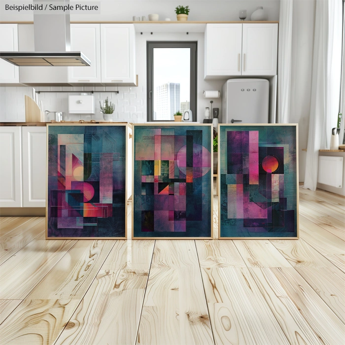 Abstract geometric art paintings on wooden floor in modern kitchen setting with light wood cabinetry.