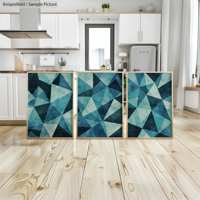 Kitchen with wooden floor, white cabinets, and three abstract blue geometric paintings near a window.