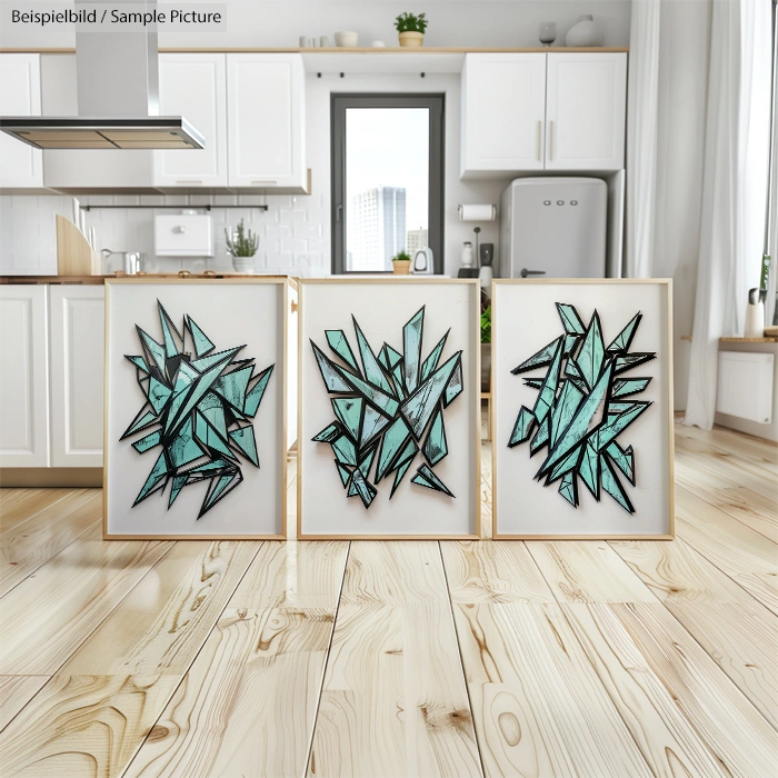 Modern kitchen with three abstract artworks featuring geometric turquoise designs on wooden floor.