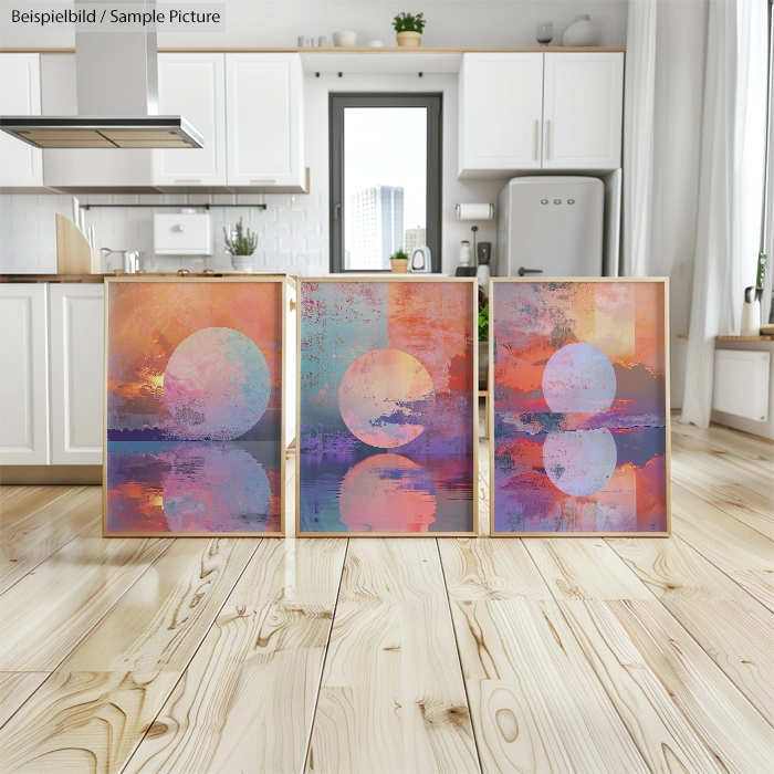 Modern kitchen with three abstract paintings of circular designs on wood floor, reflecting vibrant colors.