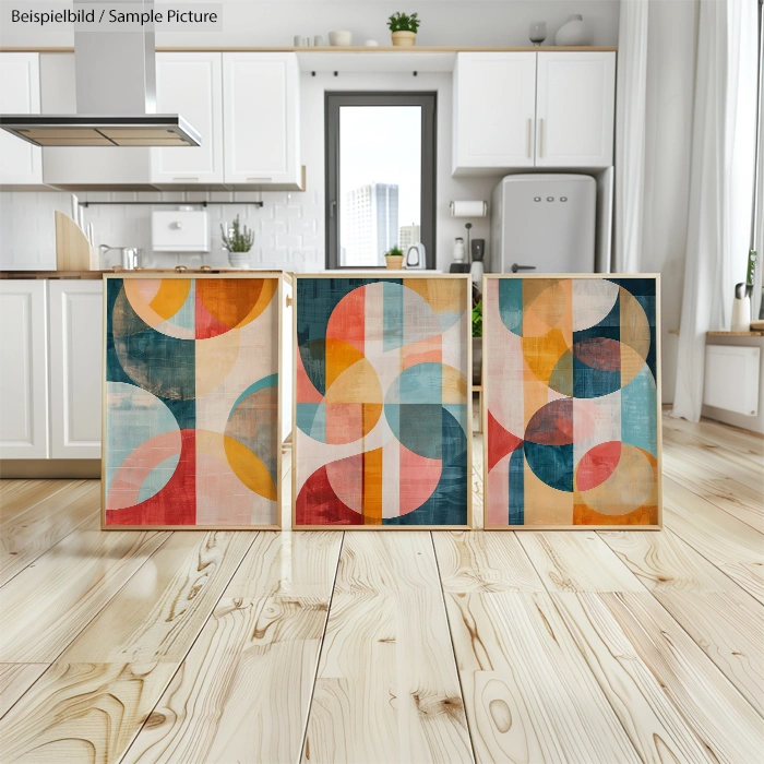 Three abstract geometric paintings displayed on a wooden kitchen floor with white cabinets and a window view.