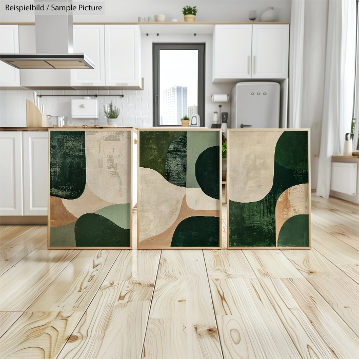 Triptych artwork with abstract green, beige, and black shapes on floor in modern kitchen with wooden flooring.