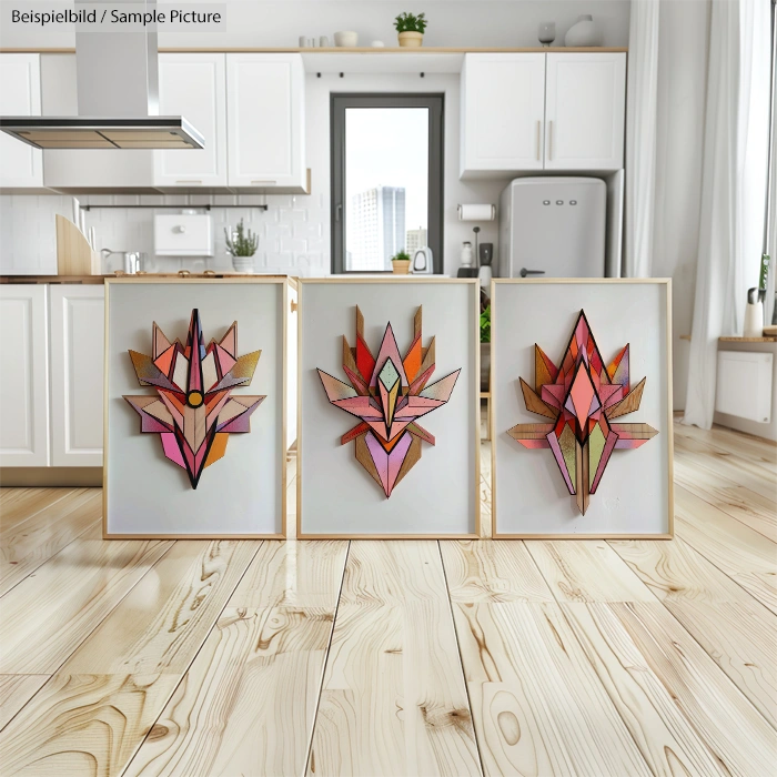 Modern kitchen with wooden floor and three abstract geometric artworks on display.