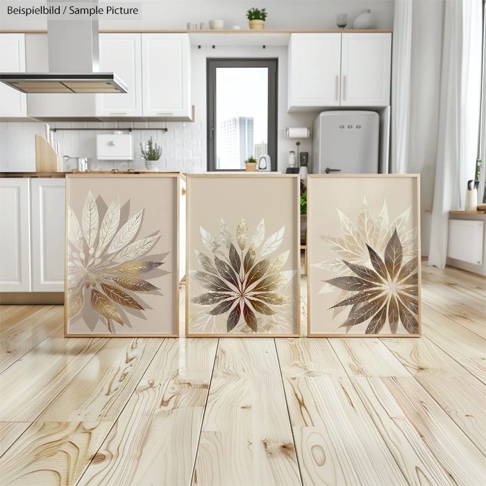 Three decorative leaf-patterned frames in a bright kitchen with wooden floors and white cabinets.