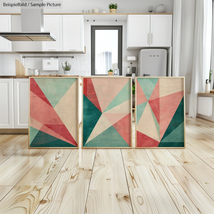 Three geometric abstract paintings on parquet floor in a modern white kitchen.