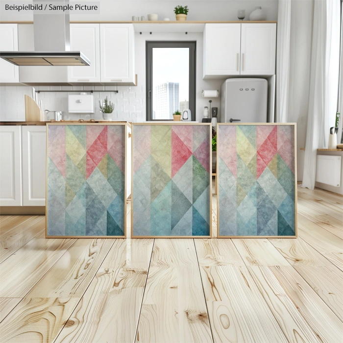 Geometric abstract paintings in pastel hues displayed in a modern kitchen with light wooden floors and white cabinets.