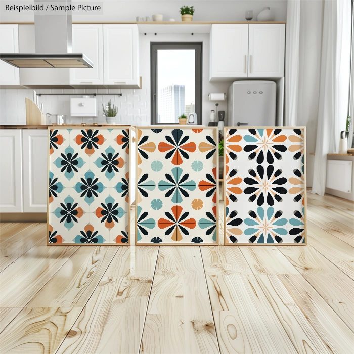 Three floral-patterned art pieces on wood floor in modern kitchen with light cabinets and large window.