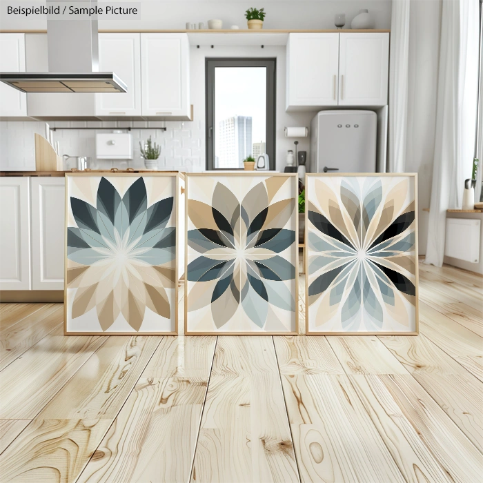 Modern kitchen with three decorative floral prints on wood floor, white cabinets and a large window in the background.