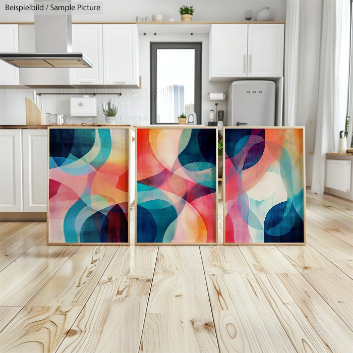 Modern kitchen with light wood flooring and abstract colorful paintings on the floor.