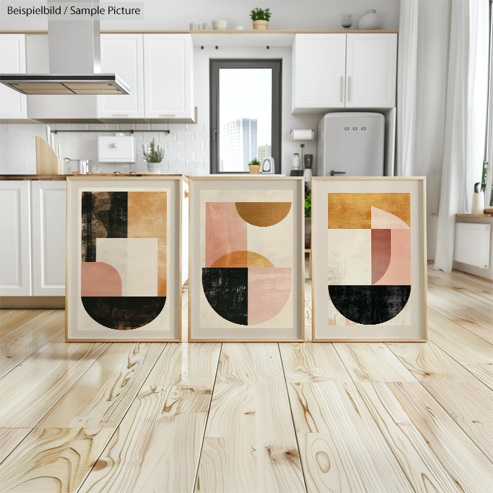 Modern kitchen interior with three abstract geometric art prints on wooden floor, featuring pastel and earthy tones.