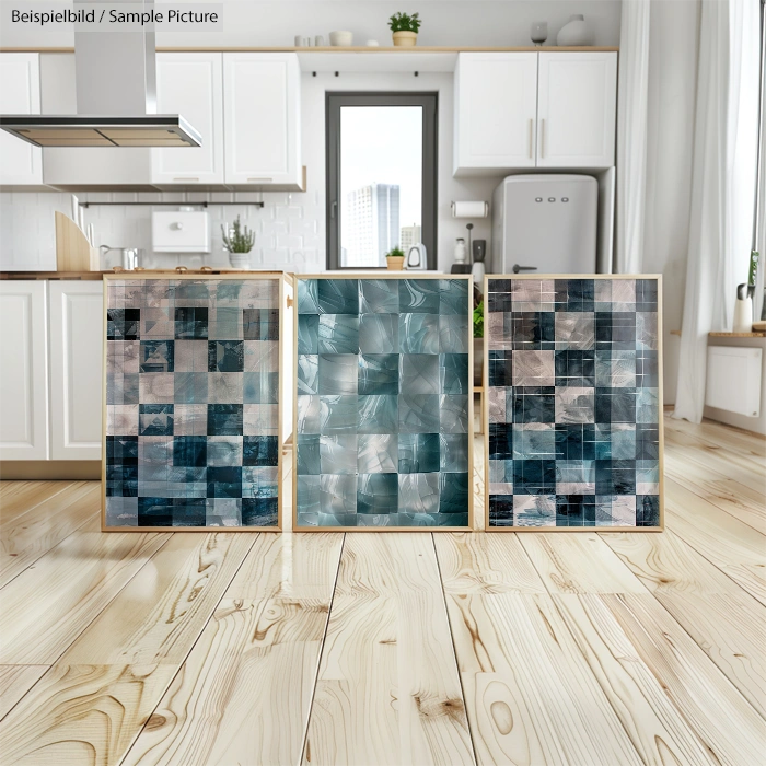 Modern kitchen with wooden floor, three abstract art pieces displayed on floor, tiles with blue and gray mosaics.