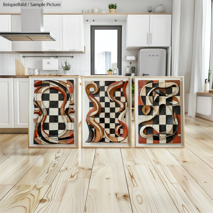 Kitchen with three framed abstract art pieces on the floor, featuring checkered and curvy designs.