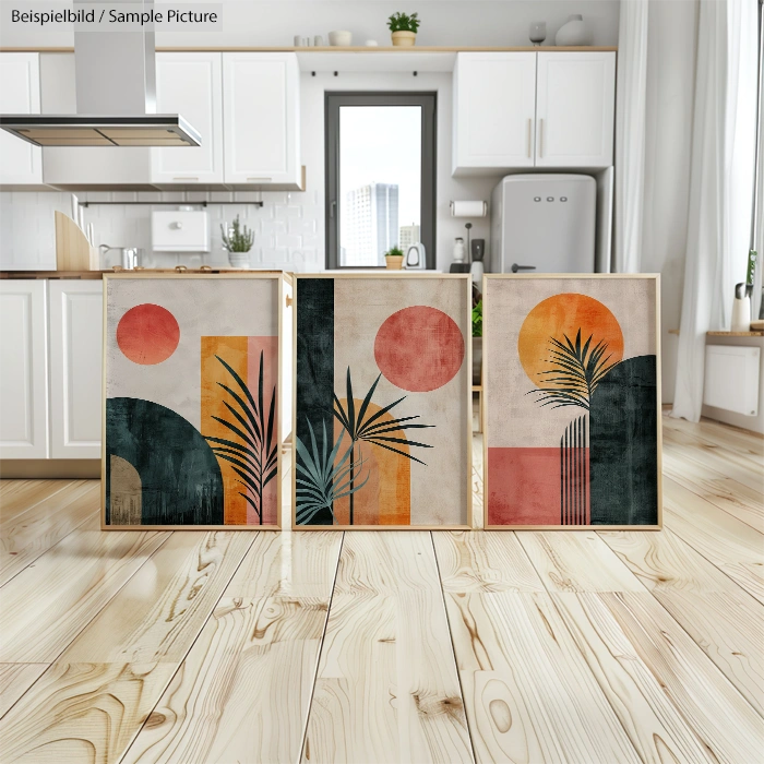 Three abstract paintings with geometric shapes and palm leaves in a modern kitchen setting.