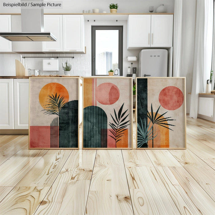 Modern kitchen with three abstract plant-themed paintings on the floor in front of wooden cabinets and appliances.