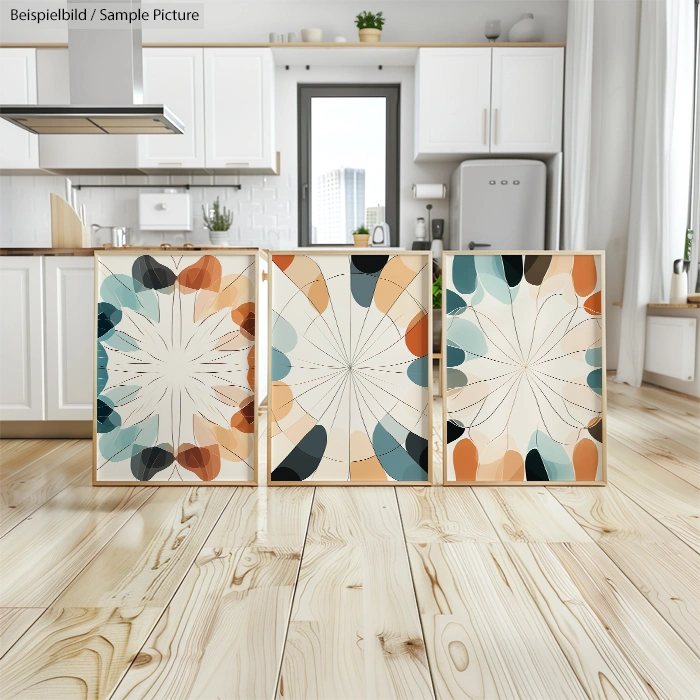 Three abstract paintings with geometric patterns on a light wooden floor in a modern kitchen setting.