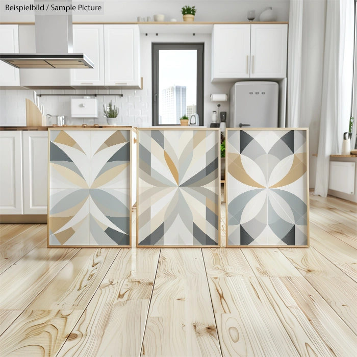 Three geometric pattern artworks displayed on a wooden floor in a modern white kitchen with a window view.