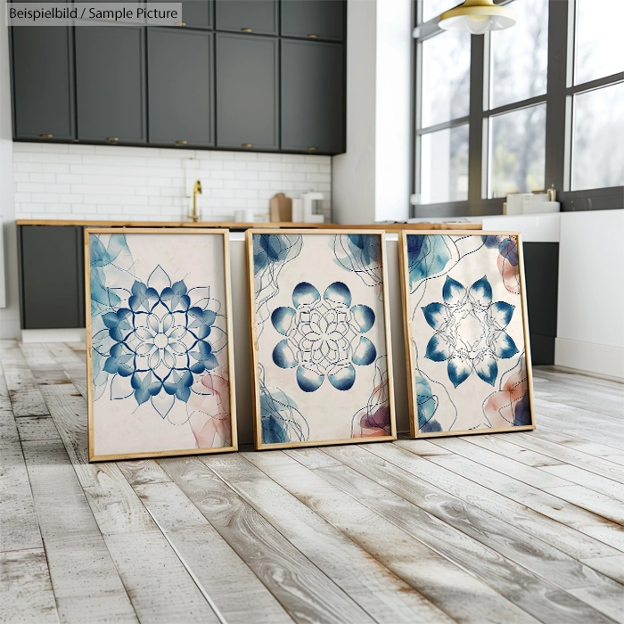 Three framed floral mandala artworks on a wooden floor in a modern kitchen with gray cabinets and white backsplash.