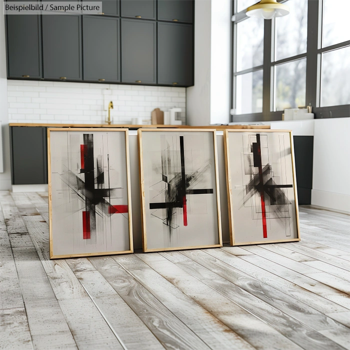 Three abstract paintings with black and red geometric shapes in modern kitchen with gray cabinets and wood floor.