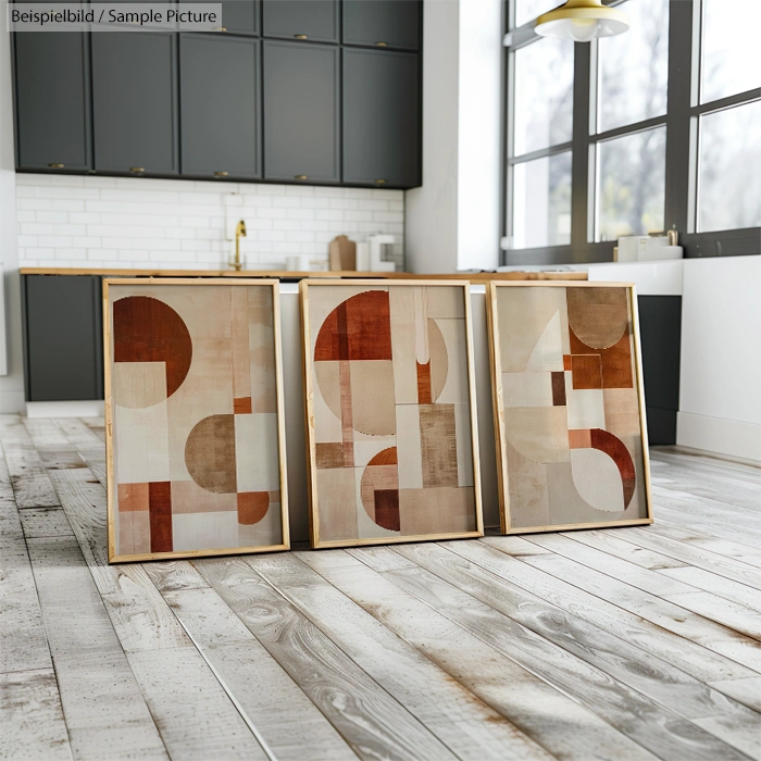 Modern kitchen with three abstract geometric paintings on a wooden floor, featuring warm tones and shapes.