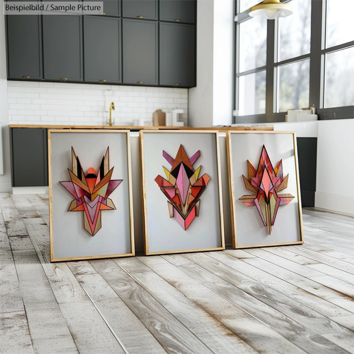 Colorful abstract geometric artworks on wooden floor in modern kitchen setting with dark cabinets and white tiles.