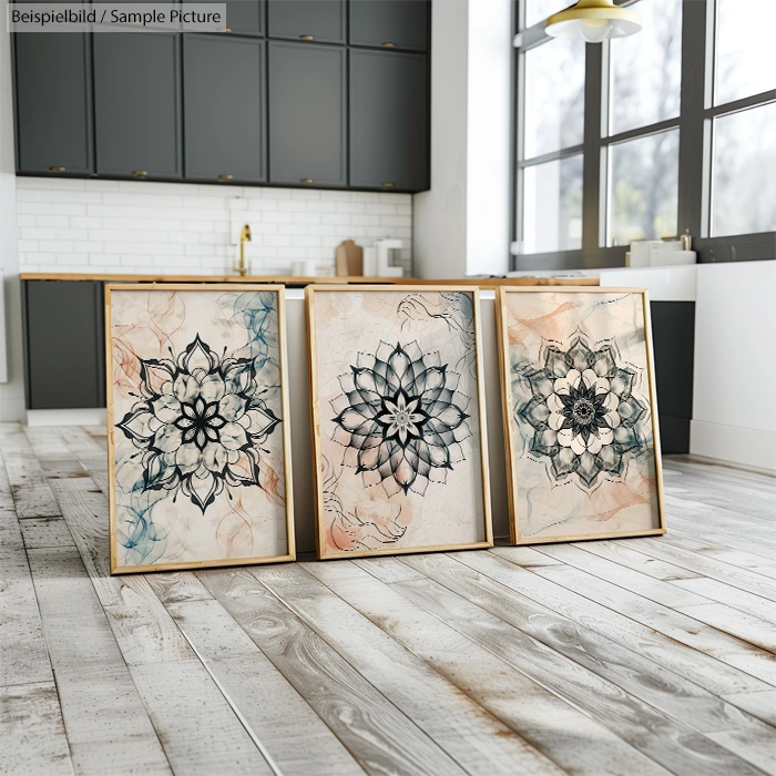 Three framed floral mandala artworks on a wooden floor, set against kitchen cabinets and large windows.