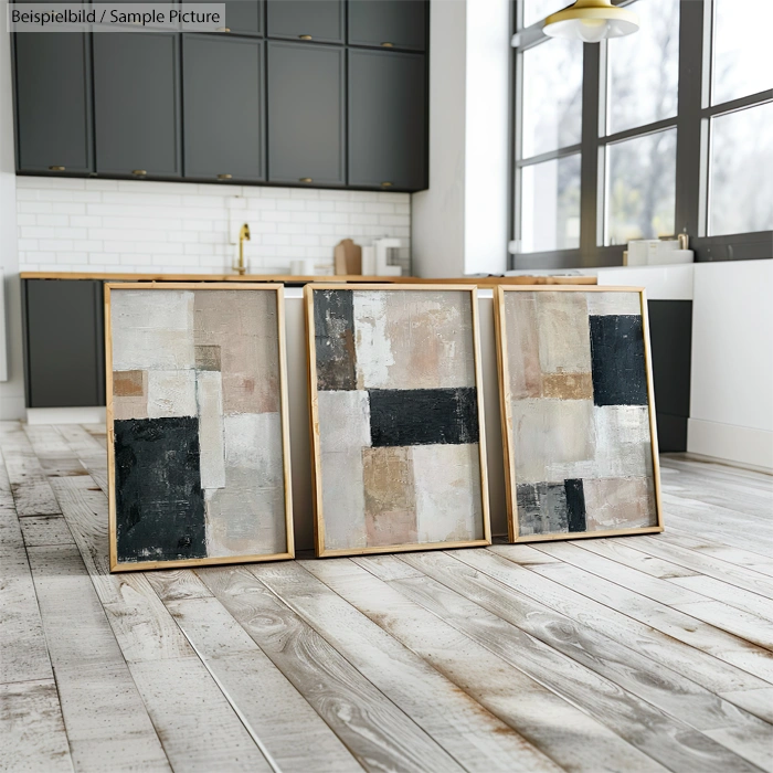 Three abstract paintings with geometric shapes leaning against a modern kitchen counter.