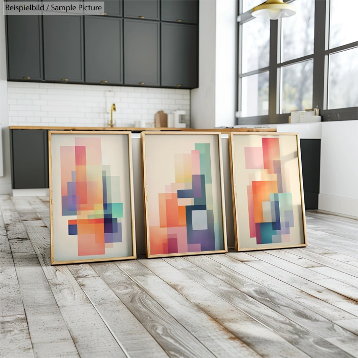 Three framed abstract artworks with colorful pixelated patterns leaning against a kitchen island in a modern kitchen.