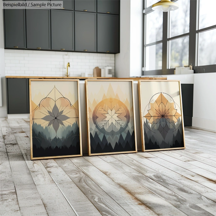 Three abstract geometric artworks in wooden frames on a wooden floor with a modern kitchen backdrop.