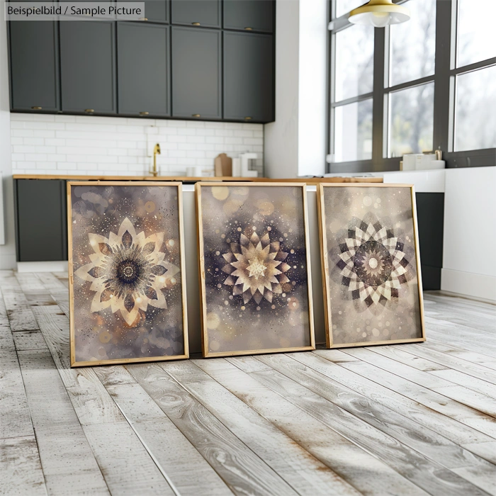 Three framed mandala art pieces on wooden floor in modern kitchen with white tiles and black cabinets.