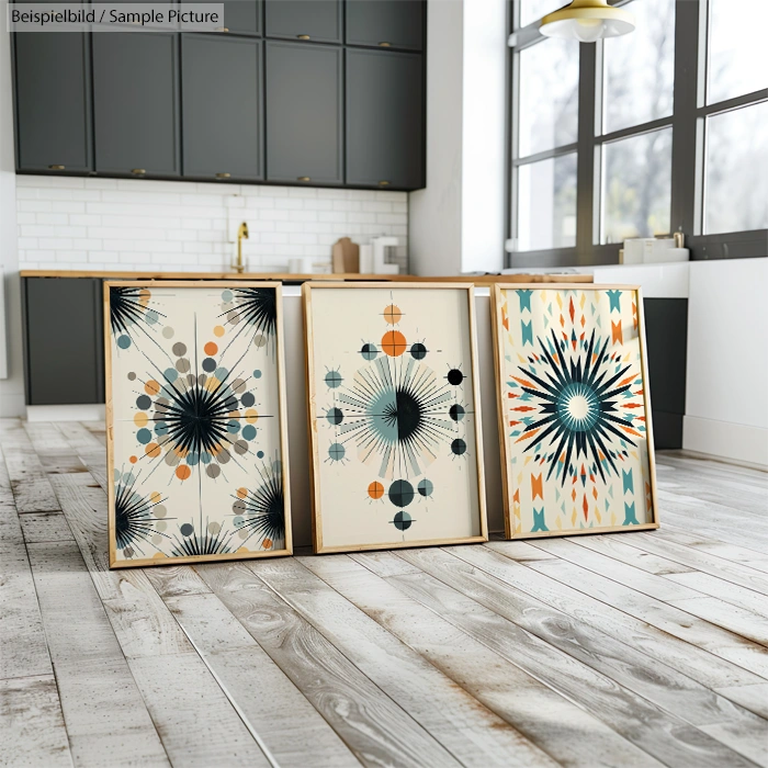 Three abstract art prints with geometric designs in a modern kitchen with wooden floors and dark cabinets.